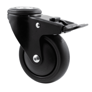 Midnight Black M Series decorative castor, thermoplastic elastomer (TPE) 100mm wheel, plain bearing, swivel bolt hole, total brake, (powder-coated), black thread guard, load rating 85 kg