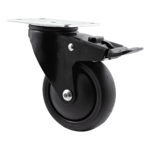 Midnight Black M Series decorative castor, thermoplastic elastomer (TPE) 100mm wheel, plain bearing, black swivel plate, total brake, (powder-coated), black thread guard, load rating 85 kg