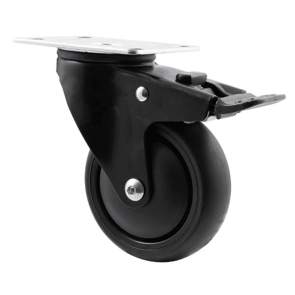 Midnight Black M Series decorative castor, thermoplastic elastomer (TPE) 100mm wheel, plain bearing, black swivel plate, total brake, (powder-coated), black thread guard, load rating 85 kg 1 Midnight Black M Series decorative castor, thermoplastic elastomer (TPE) 100mm wheel, plain bearing, black swivel plate, total brake, (powder-coated), black thread guard, load rating 85 kg