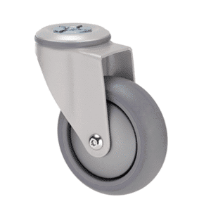 M Series castor, thermoplastic elastomer (TPE) 100mm wheel, plain bearing, swivel bolt hole (powder-coated), silver thread guard, load rating 85 kg