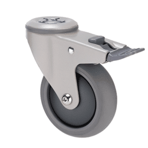 M Series castor, thermoplastic elastomer (TPE) 100mm wheel, plain bearing, swivel bolt hole, total brake, (powder- coated), graphite thread guard, load rating 85 kg