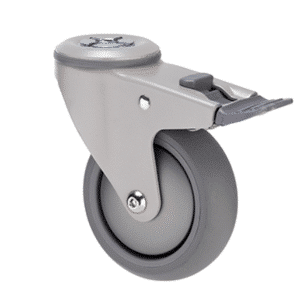 M Series castor, thermoplastic elastomer (TPE) 100mm wheel, plain bearing, swivel bolt hole, total brake, (powder- coated), silver thread guard, load rating 85 kg