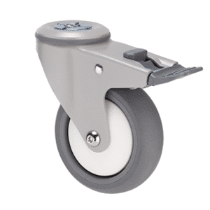 M Series castor, thermoplastic elastomer (TPE) 100mm wheel, plain bearing, swivel bolt hole, total brake, (powder- coated), white thread guard, load rating 85 kg