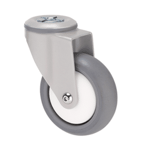 M Series castor, thermoplastic elastomer (TPE) 100mm wheel, plain bearing, swivel bolt hole (powder-coated), white thread guard, load rating 85 kg