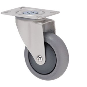 M Series castor, thermoplastic elastomer (TPE) 100mm wheel, plain bearing, swivel plate (powder-coated), graphite thread guard, load rating 85 kg