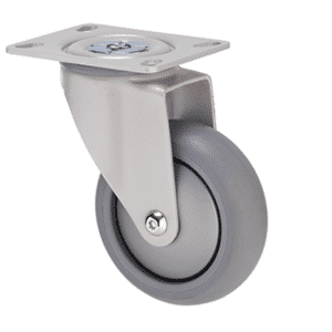 M Series castor, thermoplastic elastomer (TPE) 100mm wheel, plain bearing, silver swivel plate (powder-coated), silver thread guard, load rating 85 kg