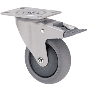 M Series castor, thermoplastic elastomer (TPE) 100mm wheel, plain bearing, graphite swivel plate, total brake, (powder- coated), Bluestone thread guard, load rating 85 kg