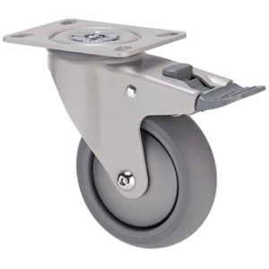 M Series castor, thermoplastic elastomer (TPE) 100mm wheel, plain bearing, silver swivel plate, total brake, (powder- coated), Bluestone thread guard, load rating 85 kg