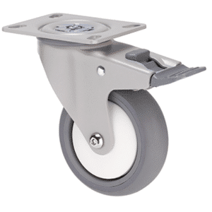 M Series castor, thermoplastic elastomer (TPE) 100mm wheel, plain bearing, white swivel plate, total brake, (powder- coated), Bluestone thread guard, load rating 85 kg