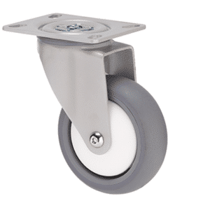 M Series castor, thermoplastic elastomer (TPE) 100mm wheel, plain bearing, white swivel plate (powder-coated), Bluestone thread guard, load rating 85 kg