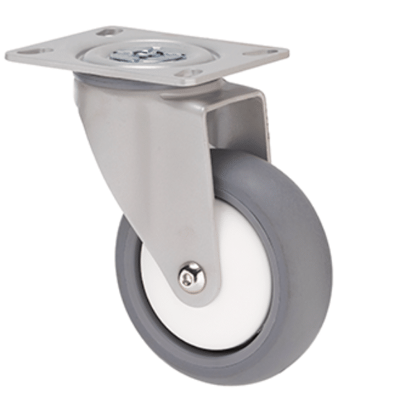 M Series castor, thermoplastic elastomer (TPE) 100mm wheel, plain bearing, white swivel plate (powder-coated), Bluestone thread guard, load rating 85 kg 1 M Series castor, thermoplastic elastomer (TPE) 100mm wheel, plain bearing, white swivel plate (powder-coated), Bluestone thread guard, load rating 85 kg