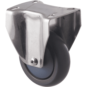 M Series castor, thermoplastic elastomer (TPE) 100mm wheel, plain bearing, stainless steel fixed plate, Bluestone thread guard, load rating 85 kg