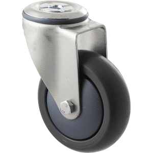 M Series castor, thermoplastic elastomer (TPE) 100mm wheel, plain bearing, swivel bolt hole, Bluestone thread guard, load rating 85 kg
