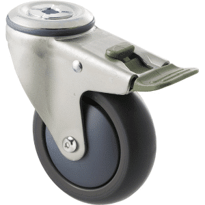 M Series castor, thermoplastic elastomer (TPE) 100mm wheel, plain bearing, swivel bolt hole, North American (NA) plate, direction lock, Chicago screw axle, Bluestone thread guard, load rating 85 kg