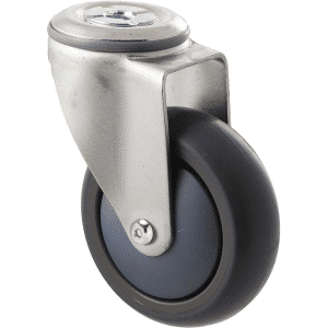 M Series castor, thermoplastic elastomer (TPE) 100mm wheel, plain bearing, swivel bolt hole grey seal & pedal, Chicago screw axle, Bluestone thread guard, load rating 85 kg