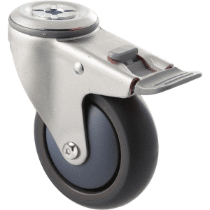 M Series castor, thermoplastic elastomer (TPE) 100mm wheel, plain bearing, swivel bolt hole, total brake, Chicago screw axle, Bluestone thread guard, load rating 85 kg