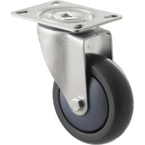 M Series castor, thermoplastic elastomer (TPE) 100mm wheel, plain bearing, swivel North American (NA) plate, Bluestone thread guard, load rating 85 kg