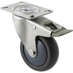 M Series castor, thermoplastic elastomer (TPE) 100mm wheel, plain bearing, swivel North American (NA) plate, direction lock, Bluestone thread guard, load rating 85 kg