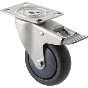 M Series castor, thermoplastic elastomer (TPE) 100mm wheel, plain bearing, swivel North American (NA) plate, total brake, Bluestone thread guard, load rating 85 kg
