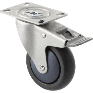 M Series castor, thermoplastic elastomer (TPE) 100mm wheel, plain bearing, swivel North American (NA) plate, total brake, grey seal & pedal, Chicago screw axle, Bluestone thread guard, load rating 85 kg