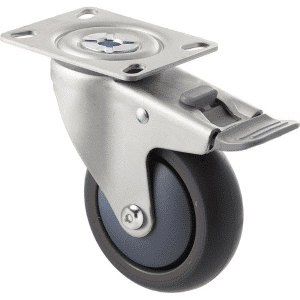 M Series castor, thermoplastic elastomer (TPE) 100mm wheel, plain bearing, swivel plate, total brake, grey seal & pedal, Chicago screw axle, Bluestone thread guard, load rating 85 kg
