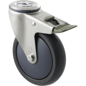 M Series castor, thermoplastic elastomer (TPE) 125mm wheel, plain bearing, swivel bolt hole, direction lock, Bluestone thread guard, load rating 85 kg