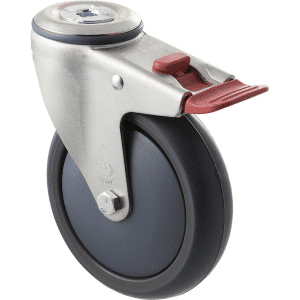 M Series castor, thermoplastic elastomer (TPE) 125mm wheel, plain bearing, swivel bolt hole, total brake, Bluestone thread guard, load rating 85 kg