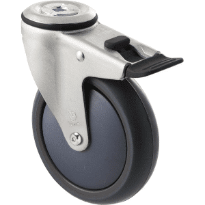 M Series castor, thermoplastic elastomer (TPE) 125mm wheel, plain bearing, swivel bolt hole, total brake, Chicago screw axle, Bluestone thread guard, load rating 85 kg