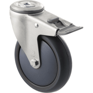 M Series castor, thermoplastic elastomer (TPE) 125mm wheel, plain bearing, swivel bolt hole, total brake, Bluestone thread guard, load rating 85 kg