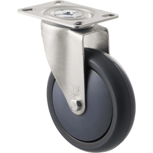 M Series castor, thermoplastic elastomer (TPE) 125mm wheel, plain bearing, swivel plate, grey seal & pedal, Bluestone thread guard, load rating 85 kg