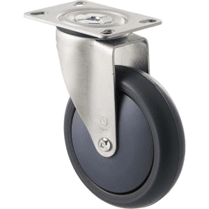 M Series castor, thermoplastic elastomer (TPE) 125mm wheel, plain bearing, swivel North American (NA) plate plate, Bluestone thread guard, load rating 85 kg