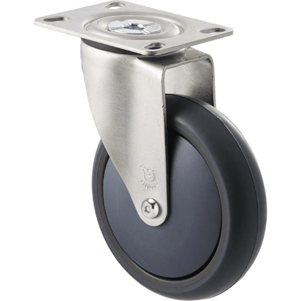 M Series castor, thermoplastic elastomer (TPE) 125mm wheel, plain bearing, swivel North American (NA) plate plate, Bluestone thread guard, load rating 85 kg 1 M Series castor, thermoplastic elastomer (TPE) 125mm wheel, plain bearing, swivel North American (NA) plate plate, Bluestone thread guard, load rating 85 kg