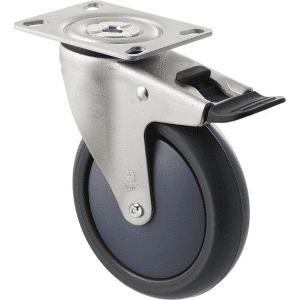 M Series castor, thermoplastic elastomer (TPE) 125mm wheel, plain bearing, swivel North American (NA) plate, total brake, grey seal & pedal, Bluestone thread guard, load rating 85 kg