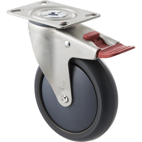 M Series castor, thermoplastic elastomer (TPE) 125mm wheel, plain bearing, swivel North American (NA) plate, total brake, Chicago screw axle, Bluestone thread guard, load rating 85 kg 1 M Series castor, thermoplastic elastomer (TPE) 125mm wheel, plain bearing, swivel North American (NA) plate, total brake, Chicago screw axle, Bluestone thread guard, load rating 85 kg