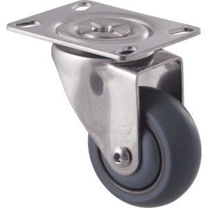 M Series castor, thermoplastic elastomer (TPE) 75mm wheel, plain bearing, stainless steel swivel plate, Bluestone thread guard, load rating 85 kg