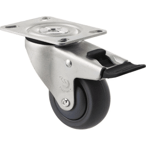 M Series castor, thermoplastic elastomer (TPE) 75mm wheel, plain bearing, swivel North American (NA) plate, total brake, black seal & pedal, Chicago screw axle, Bluestone thread guard, load rating 85 kg