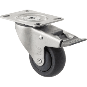 M Series castor, thermoplastic elastomer (TPE) 75mm wheel, plain bearing, swivel North American (NA) plate, total brake, grey seal & pedal, Chicago screw axle, Bluestone thread guard, load rating 85 kg