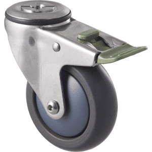 M Series castor, thermoplastic elastomer (TPE) 100mm wheel, stainless steel precision bearing, swivel bolt hole, direction lock, stainless steel, Bluestone thread guard, load rating 85 kg