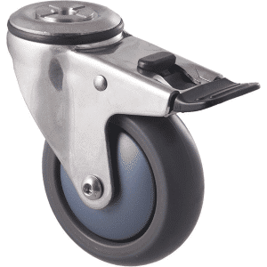 M Series castor, thermoplastic elastomer (TPE) 100mm wheel, stainless steel precision bearing & swivel bolt hole, Bluestone thread guard, load rating 85 kg