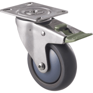 M Series castor, thermoplastic elastomer (TPE) 100mm wheel, stainless steel precision bearing, swivel plate North American (NA) plate, direction lock, Bluestone thread guard, load rating 85 kg