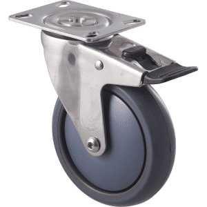 M Series castor, thermoplastic elastomer (TPE) 125mm wheel, stainless steel precision bearing, total brake, stainless steel swivel plate, Bluestone thread guard, load rating 85 kg