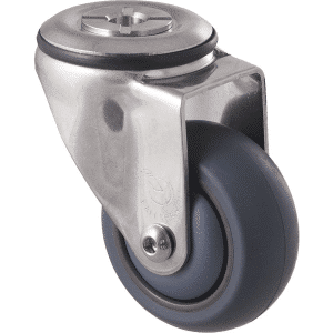 M Series castor, thermoplastic elastomer (TPE) stainless steel precision bearing, 75mm stainless steel, Bluestone thread guard, load rating 85 kg