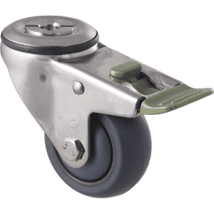 M Series castor, thermoplastic elastomer (TPE) stainless steel precision bearing, 75mm stainless steel (hex bolt axle), Bluestone thread guard, load rating 85 kg