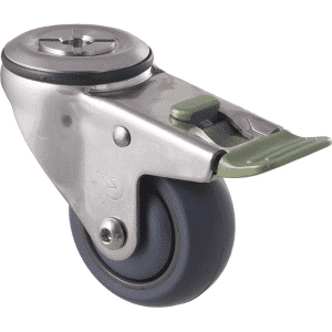 M Series castor, thermoplastic elastomer (TPE) stainless steel precision bearing, 75mm stainless steel, Bluestone thread guard, load rating 85 kg
