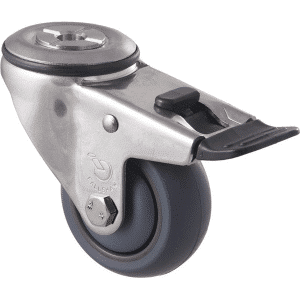 M Series castor, thermoplastic elastomer (TPE) stainless steel precision bearing, 75mm total brake, stainless steel (hex bolt axle), Bluestone thread guard, load rating 85 kg