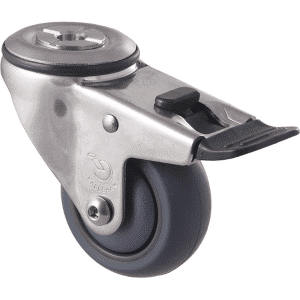 M Series castor, thermoplastic elastomer (TPE) stainless steel precision bearing, 75mm total brake, stainless steel, Bluestone thread guard, load rating 85 kg