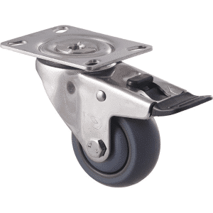 M Series castor, thermoplastic elastomer (TPE) stainless steel precision bearing, 75mm total brake, Bluestone thread guard, load rating 85 kg