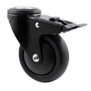 Midnight Black M Series decorative castor, thermoplastic elastomer (TPE) 100mm wheel, precision bearing, swivel bolt hole, total brake, powder-coated (matte anodic) designer blackthread guard, load rating 85 kg