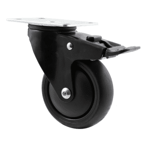 Midnight Black M Series decorative castor, thermoplastic elastomer (TPE) 100mm wheel, precision bearing, swivel plate, total brake, powder-coated (matte anodic) designer black thread guard, load rating 85 kg