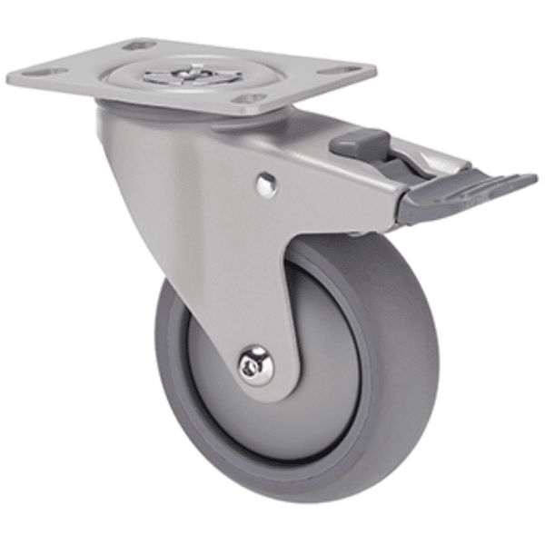 Arc M Series decorative, thermoplastic elastomer (TPE) 100mm wheel, precision bearing, swivel plate, total brake, powder-coated (matte anodic) designer silver thread guard, load rating 85 kg 1 Arc M Series decorative, thermoplastic elastomer (TPE) 100mm wheel, precision bearing, swivel plate, total brake, powder-coated (matte anodic) designer silver thread guard, load rating 85 kg